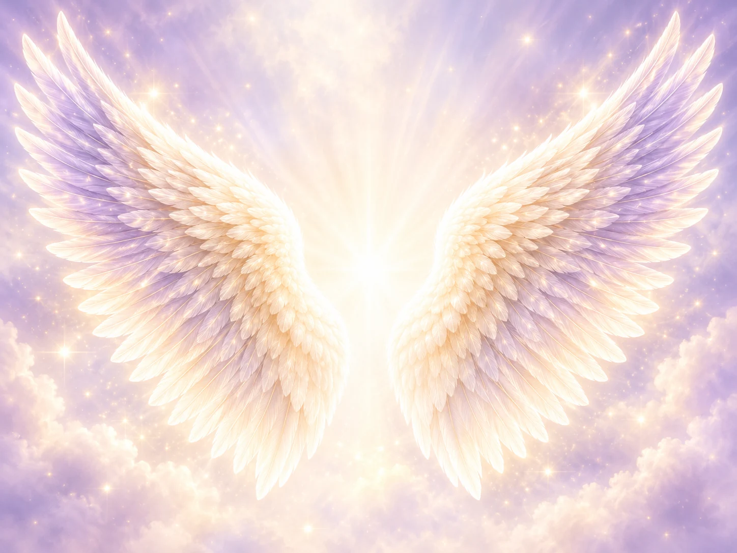 Symbolic ivory angel wings against a soft lavender background.