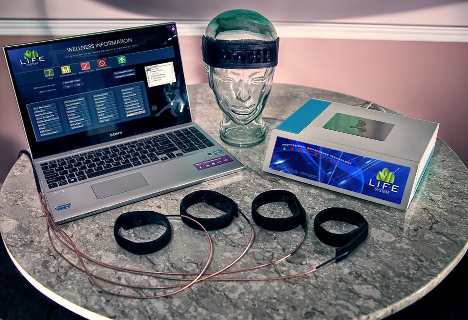 The LIFE System biofeedback device, laptop and connected sensors.