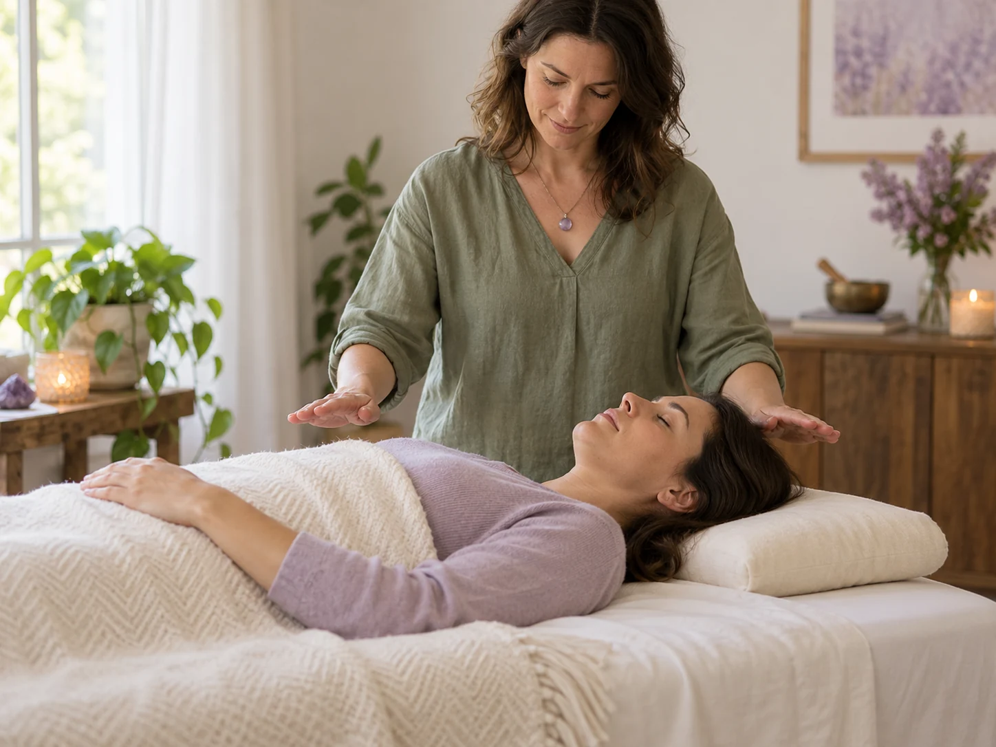Illustrative scene of a fully clothed woman receiving Reiki.