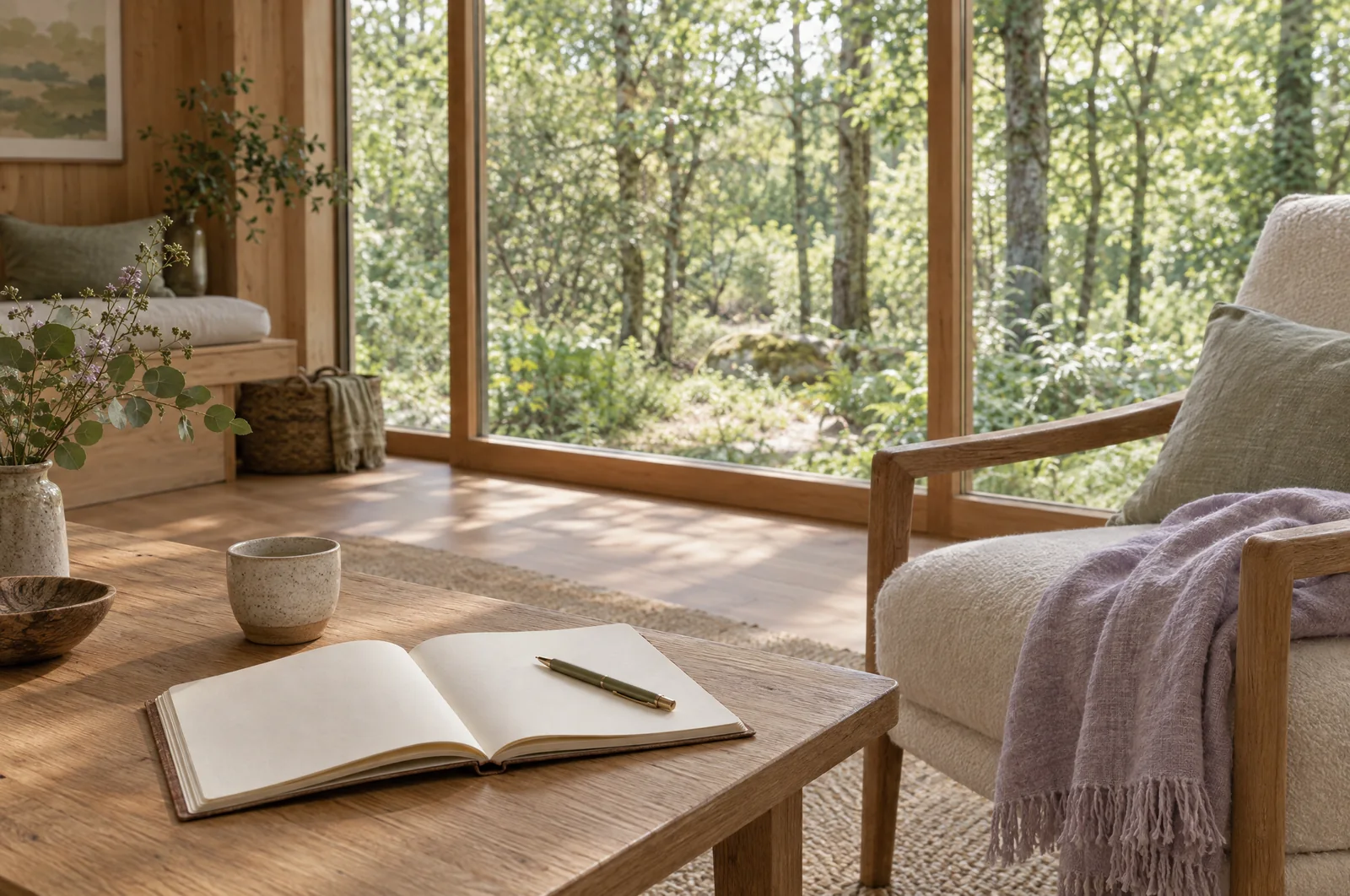 An open journal and a cream armchair beside woodland windows.