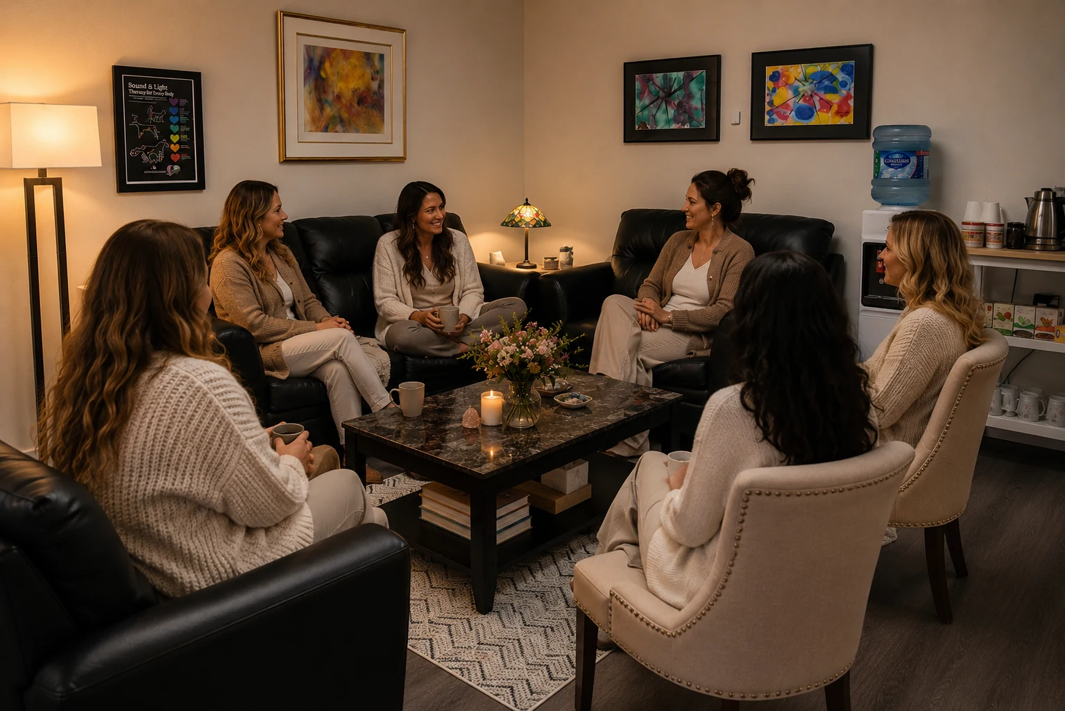 A group of women seated together in a circle in a welcoming room.